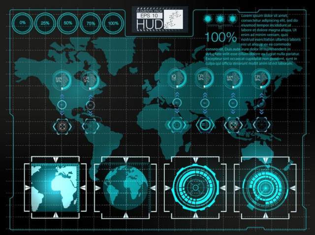 20款电子科技、光感变动、圆形数据分析图表图案等HUD界面矢量素材EPS源文件打包下载
