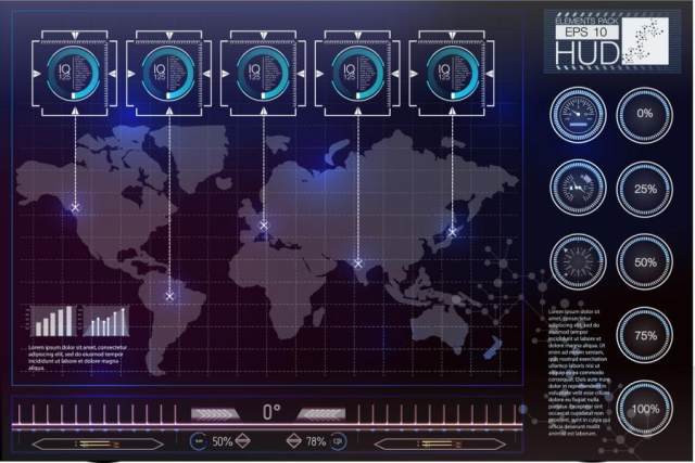 20款电子科技、光感变动、圆形数据分析图表图案等HUD界面矢量素材EPS源文件打包下载