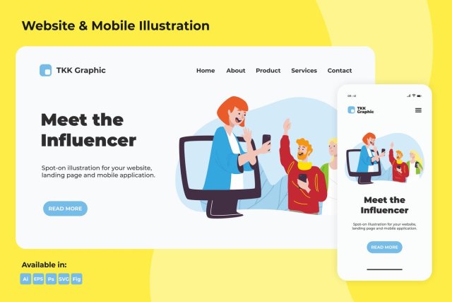 线上约谈会面电脑和手机APP界面插画素材PSD模板Meet the Influencer web and mobile 线上约谈会面电脑和手机APP界面插画素材PSD模板Meet the Influencer web and mobile