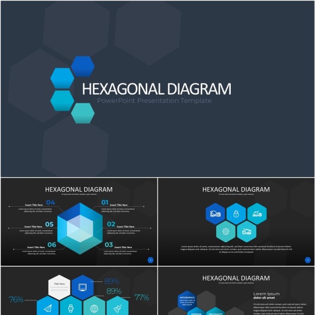 蓝色六边形信息图PPT模板素材Wide Blue Dark Hexagonal Infographic