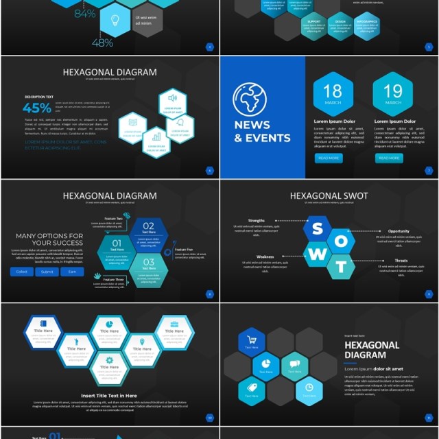 蓝色六边形信息图PPT模板素材Wide Blue Dark Hexagonal Infographic