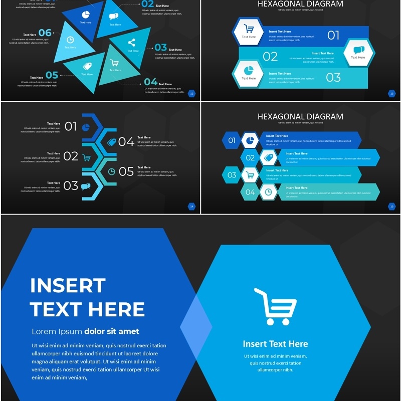 蓝色六边形信息图PPT模板素材Wide Blue Dark Hexagonal Infographic