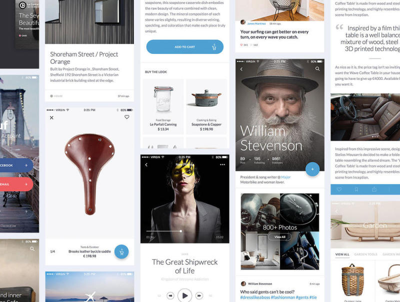 67屏幕电子商务，阅读器，社交iOS UI套件，购买iOS UI套件