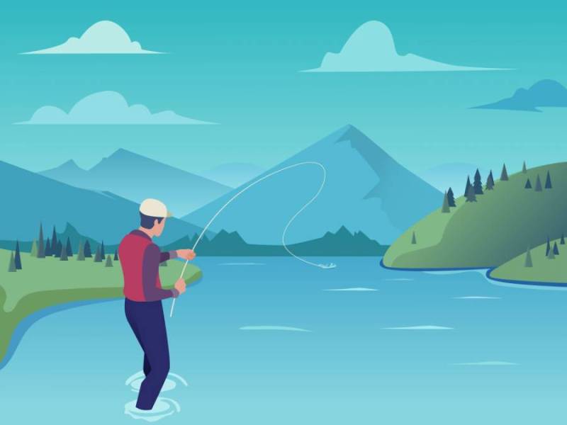 年轻的渔夫在山河里钓鱼