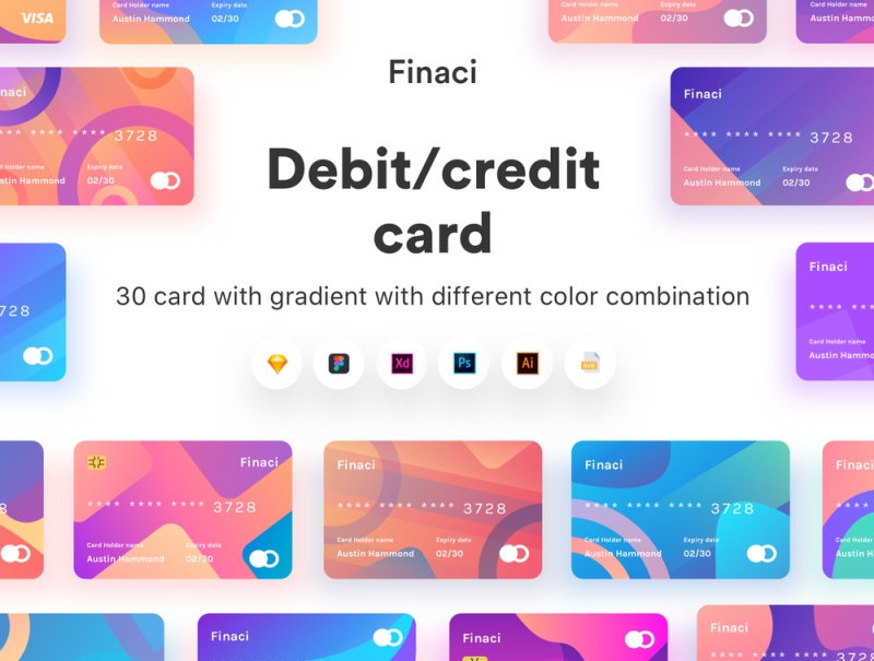 30张具有不同颜色组合的渐变卡，Finaci金融借记卡/信用卡