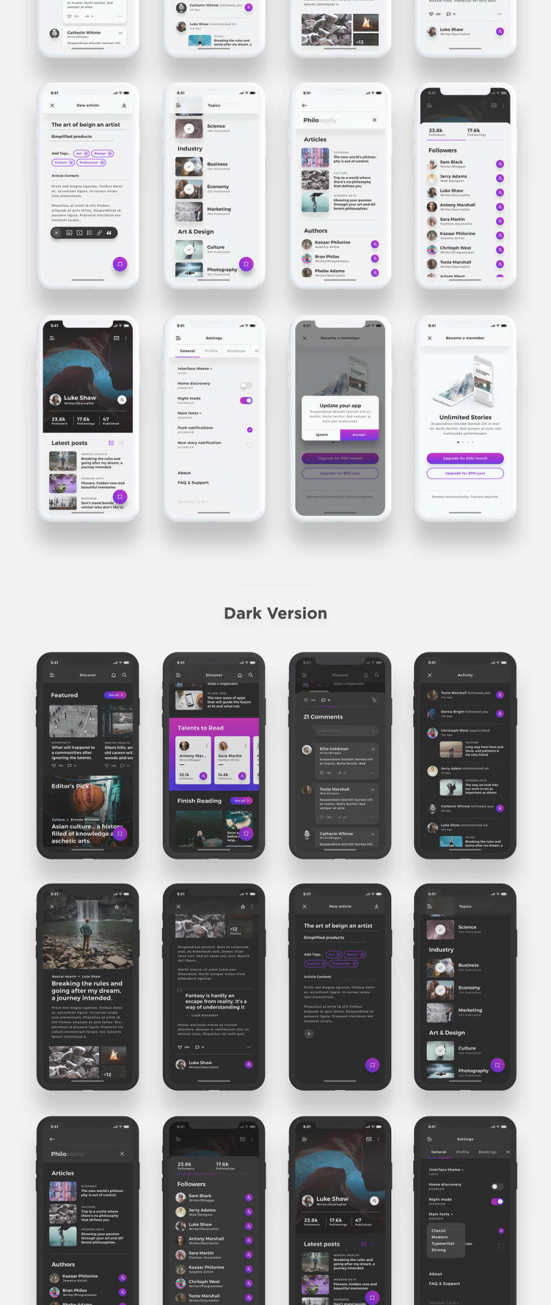 iOS新闻和博客应用UI工具包 - 用于Sketch，Photoshop和XD，Lydia iOS UI工具包