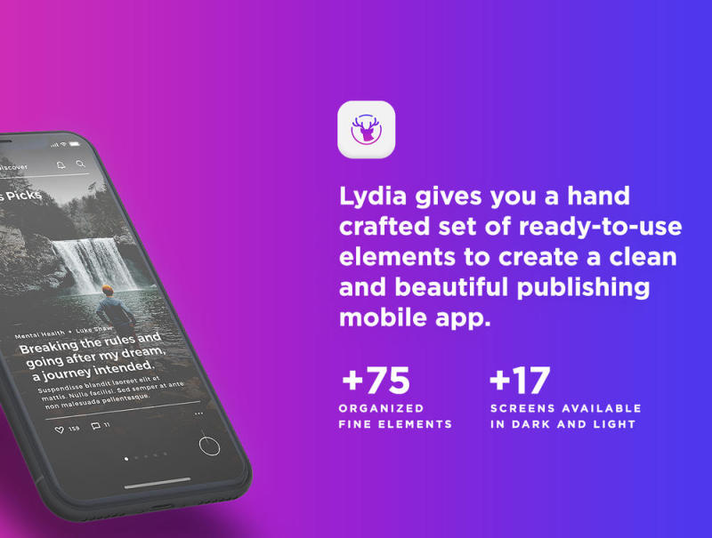 iOS新闻和博客应用UI工具包 - 用于Sketch，Photoshop和XD，Lydia iOS UI工具包