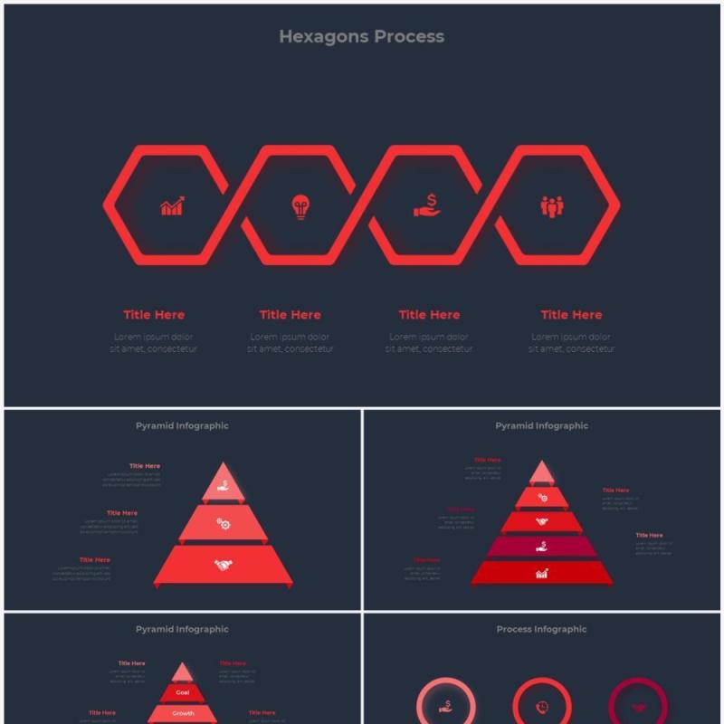 深色背景红色圆形结构图并列关系信息图表PPT元素素材Infographic Red