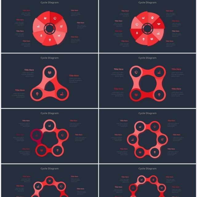 深色背景红色圆形结构图并列关系信息图表PPT元素素材Infographic Red