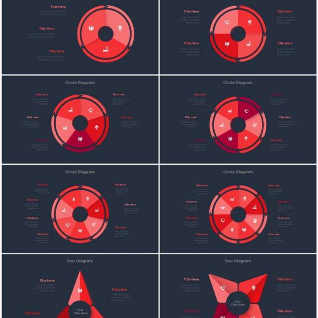 深色背景红色圆形结构图并列关系信息图表PPT元素素材Infographic Red