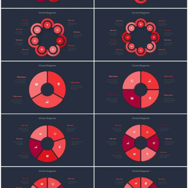 深色背景红色圆形结构图并列关系信息图表PPT元素素材Infographic Red