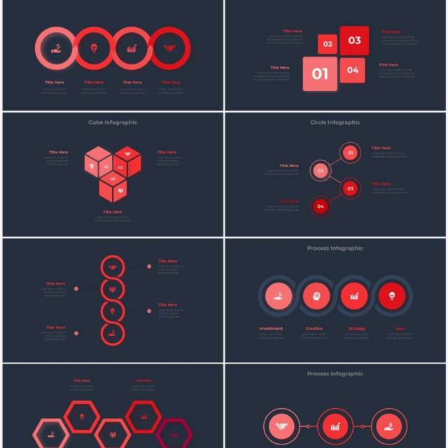 深色背景红色圆形结构图并列关系信息图表PPT元素素材Infographic Red