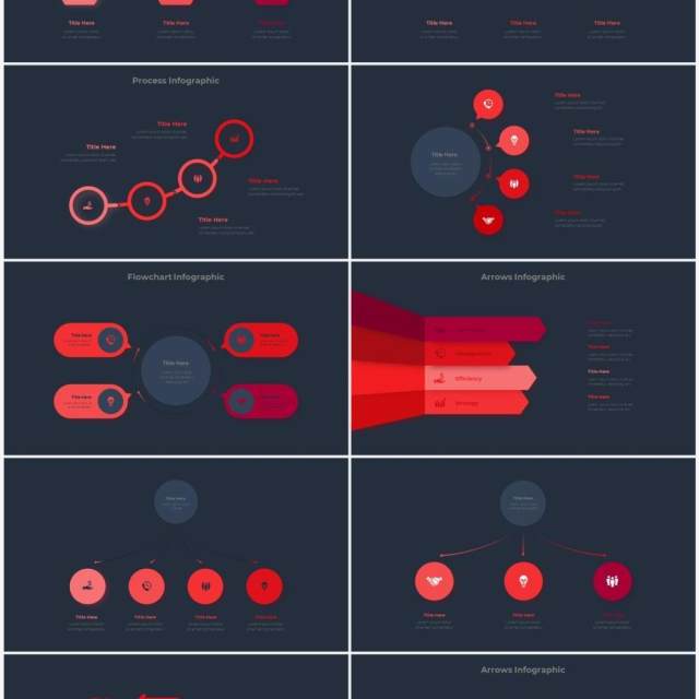 深色背景红色圆形结构图并列关系信息图表PPT元素素材Infographic Red