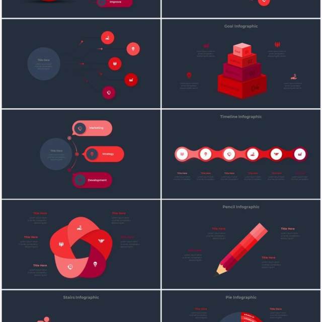 深色背景红色圆形结构图并列关系信息图表PPT元素素材Infographic Red