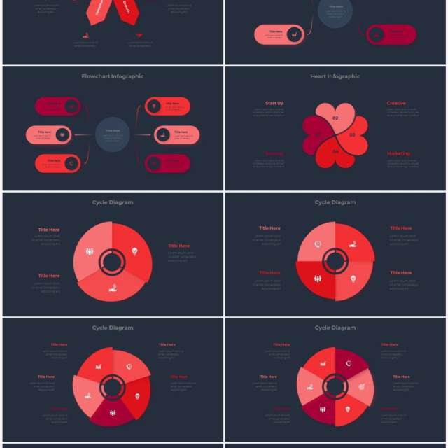 深色背景红色圆形结构图并列关系信息图表PPT元素素材Infographic Red