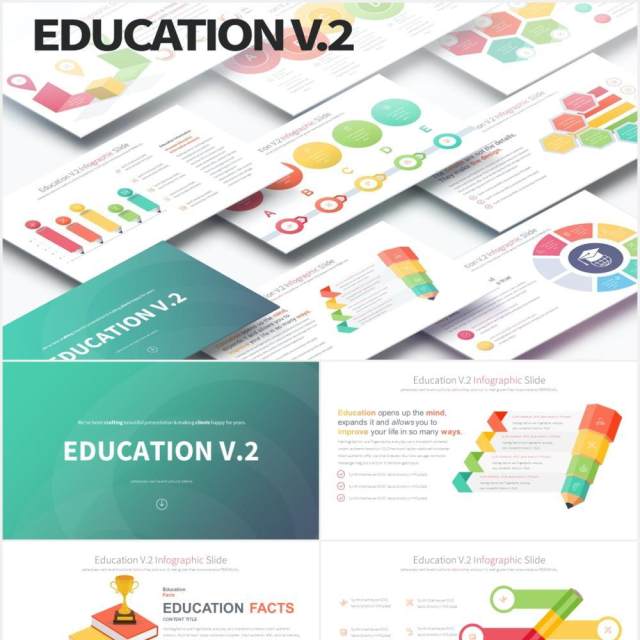 12套颜色创意图形铅笔教育信息图表数据可视化PPT素材Education V.2 - PowerPoint Infographics Slides