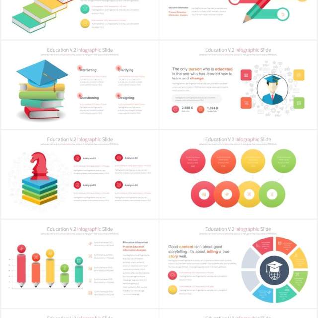 12套颜色创意图形铅笔教育信息图表数据可视化PPT素材Education V.2 - PowerPoint Infographics Slides