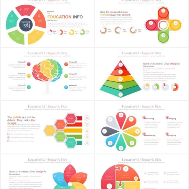 12套颜色创意图形铅笔教育信息图表数据可视化PPT素材Education V.2 - PowerPoint Infographics Slides