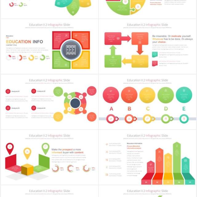 12套颜色创意图形铅笔教育信息图表数据可视化PPT素材Education V.2 - PowerPoint Infographics Slides