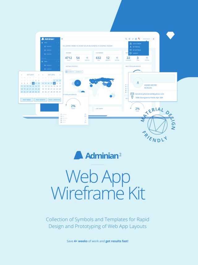 用于Sketch的Web App快速原型设计线框套件，Adminian 2线框套件