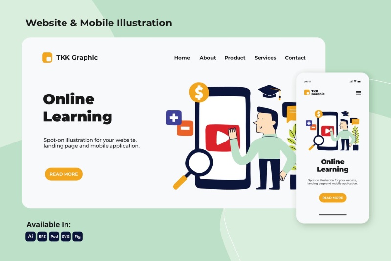 在线学习教育网络与移动界面矢量插画素材Online learning education web and mobile