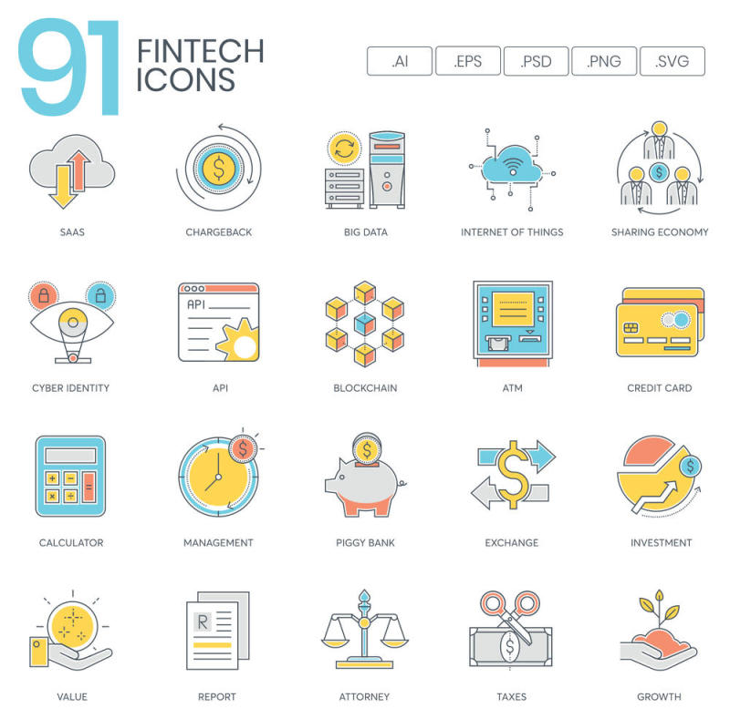 91金融科技产业的彩色线图标，91 Fintech彩色线图标