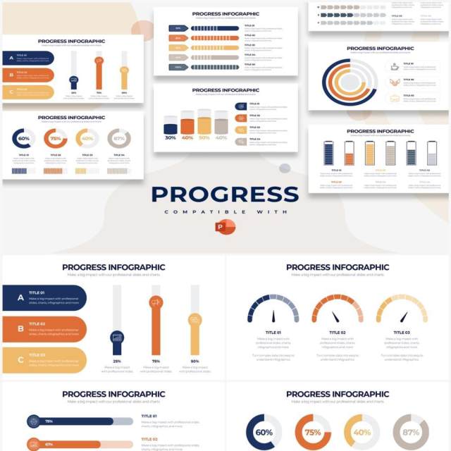 蓝黄简洁项目进度PPT信息图表素材Progress Powerpoint Infographics