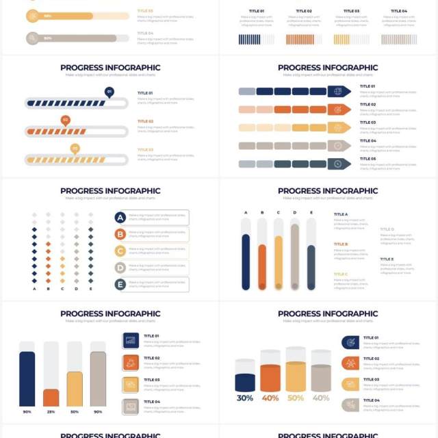 蓝黄简洁项目进度PPT信息图表素材Progress Powerpoint Infographics