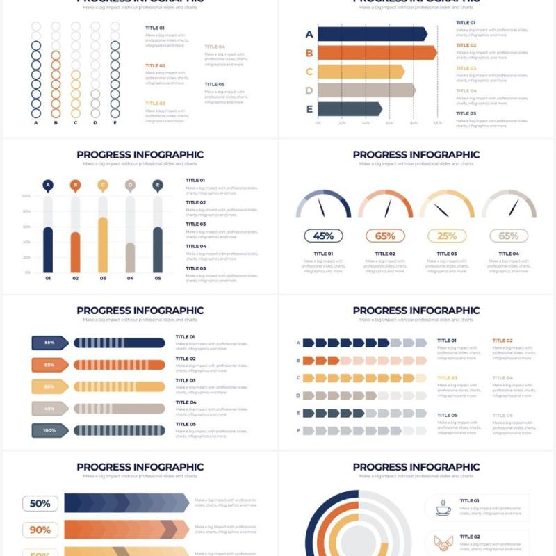 蓝黄简洁项目进度PPT信息图表素材Progress Powerpoint Infographics