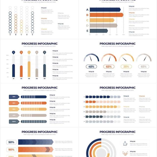 蓝黄简洁项目进度PPT信息图表素材Progress Powerpoint Infographics