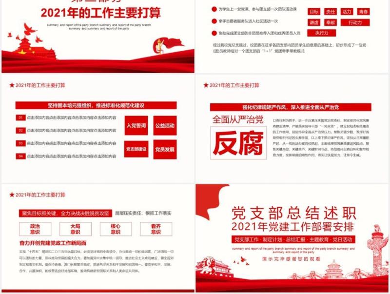 党支部工作总结述职报告2021年党建工作部署安排动态PPT模板