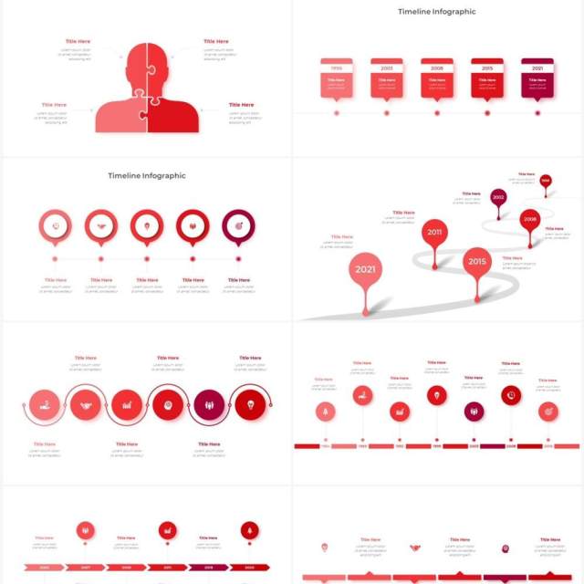 红色循环关系箭头拼图时间轴PPT信息图表素材Infographic Red