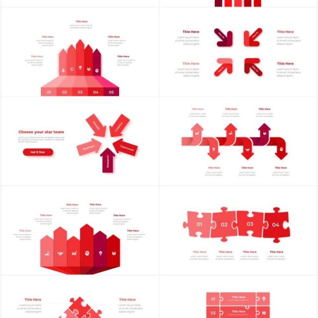 红色循环关系箭头拼图时间轴PPT信息图表素材Infographic Red