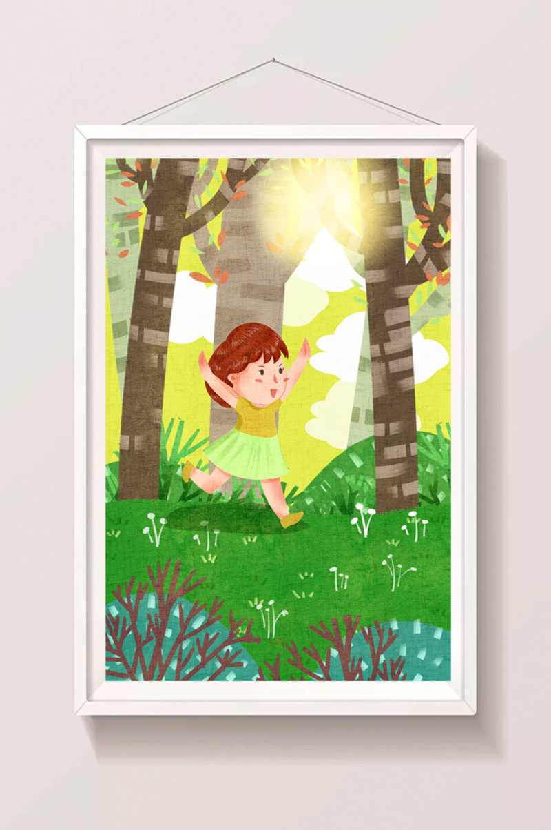 黄色可爱女孩放暑假郊外快乐玩耍插画