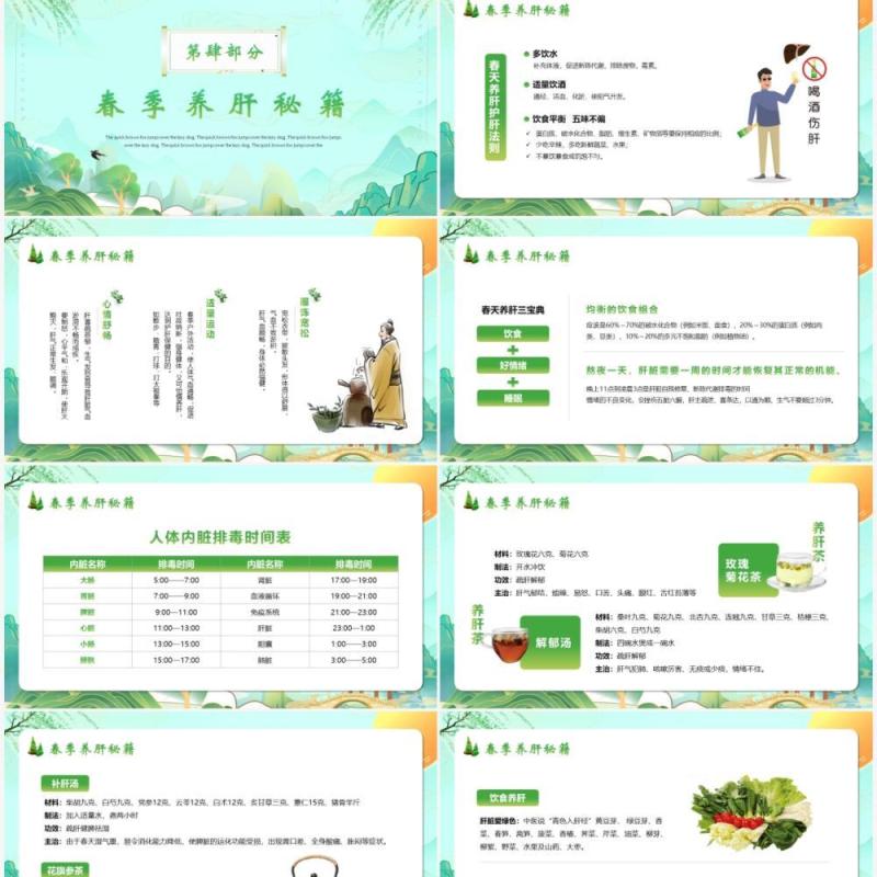 绿色卡通中国风春季养肝教育宣传PPT模板