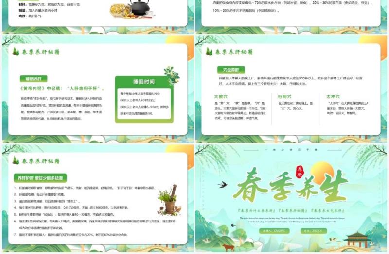 绿色卡通中国风春季养肝教育宣传PPT模板