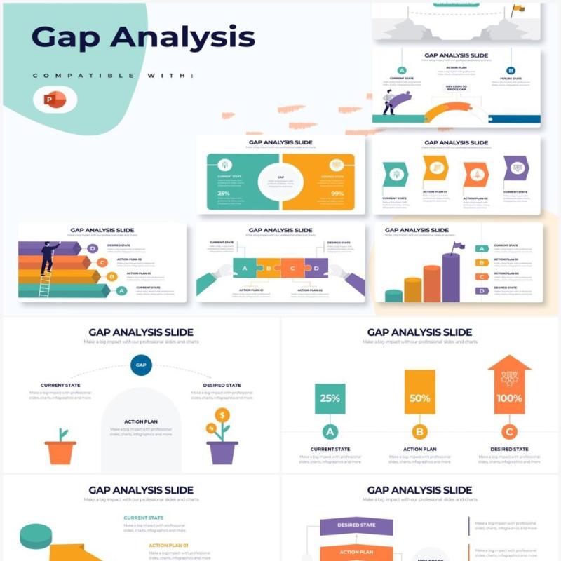 扁平风差距差异分析缺口分析PPT信息图形素材Gap Analysis Powerpoint Infographics