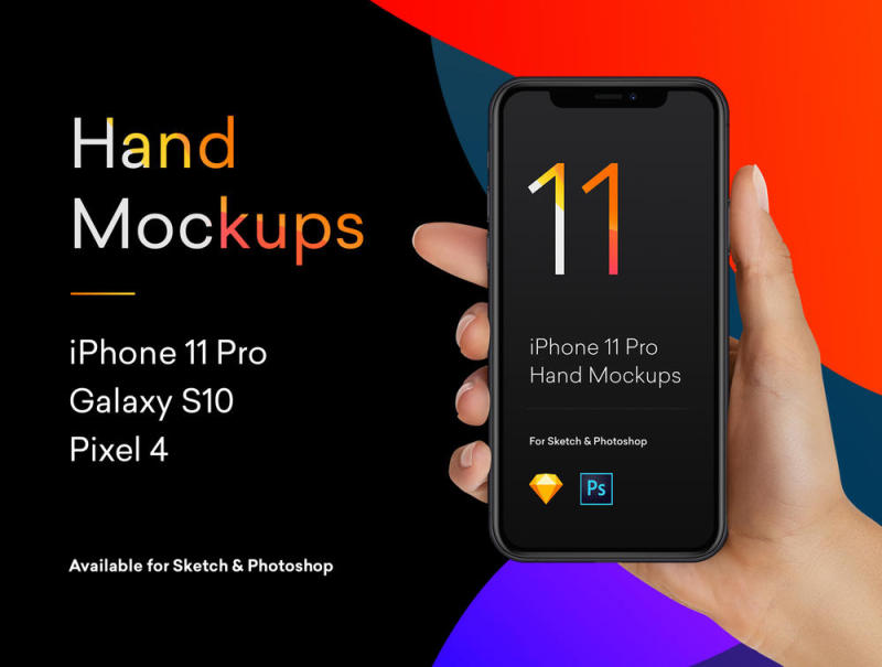 女手拿着iPhone 11 Pro中，银河10像素4台样机的Photoshop和素描，手工样机iPhone 11，S10，像素4