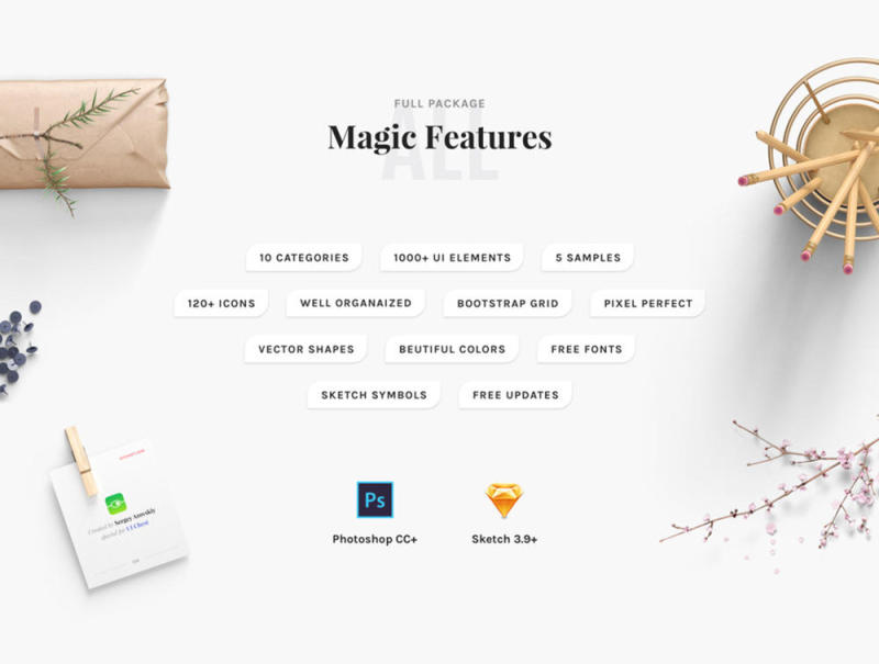 Magic Stone UI工具包（10个流行的类别，5个即用样本页面，120多个图标和精心设计的组件包含PSD和Sketch源文件）