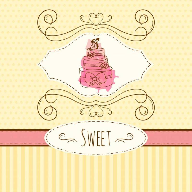 蛋糕插图。矢量手绘卡与水彩溅。甜波尔卡圆点和条纹设计。邀请卡模板。