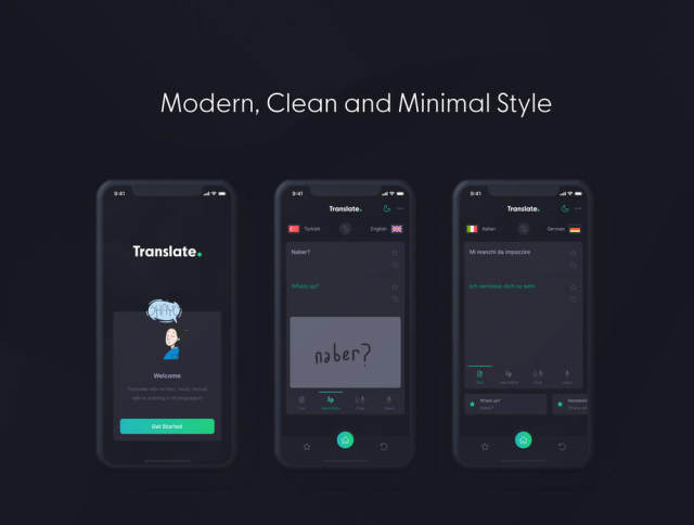 翻译移动应用程序主题是使用Sketch App for iOS。，Cevy Translate Mobile App Ui Kit设计的