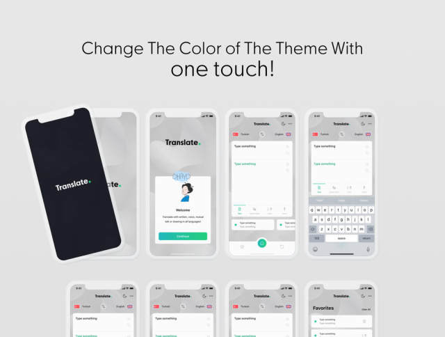 翻译移动应用程序主题是使用Sketch App for iOS。，Cevy Translate Mobile App Ui Kit设计的