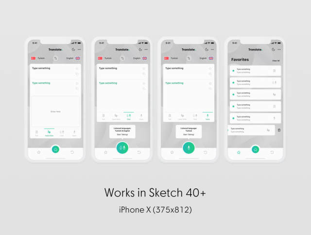 翻译移动应用程序主题是使用Sketch App for iOS。，Cevy Translate Mobile App Ui Kit设计的