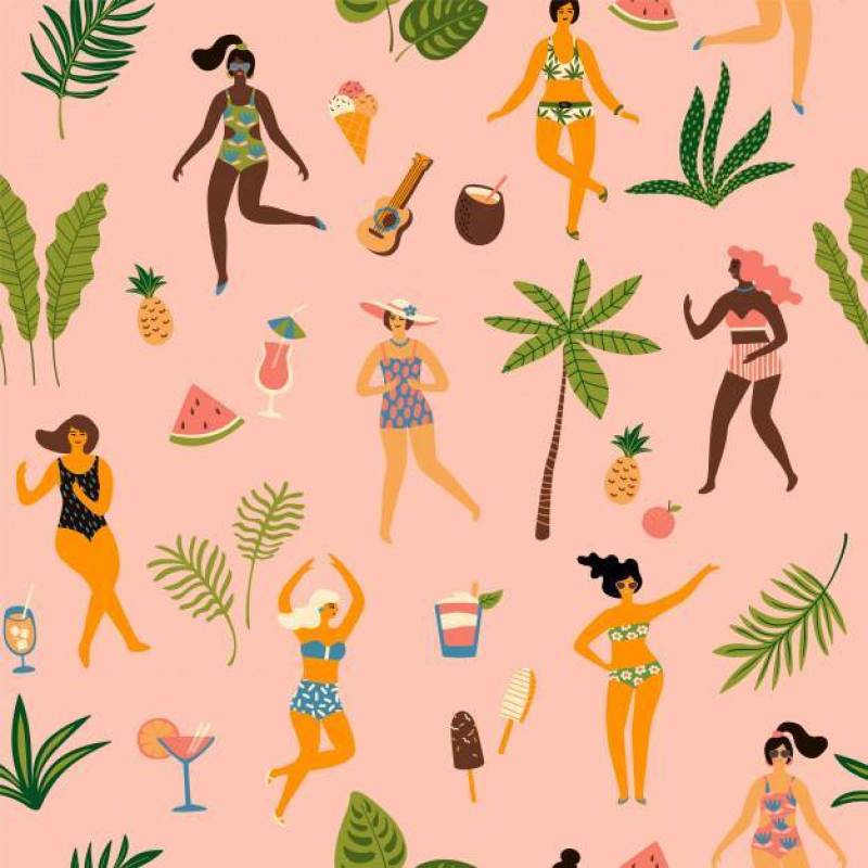 与跳舞的女士在泳装和热带棕榈叶的无缝模式。