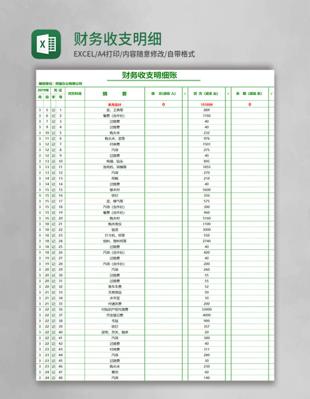 简约财务收支明细表excel模板