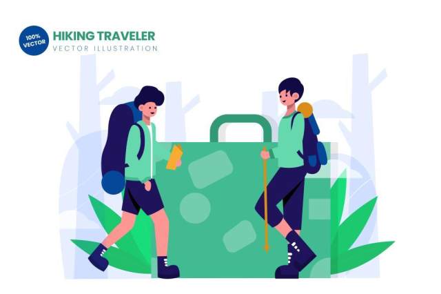 徒步旅行者平面矢量图AI人物插画素材设计Hiking Traveler Flat Vector Illustration 徒步旅行者平面矢量图AI人物插画素材设计Hiking Traveler Flat Vector Illustration