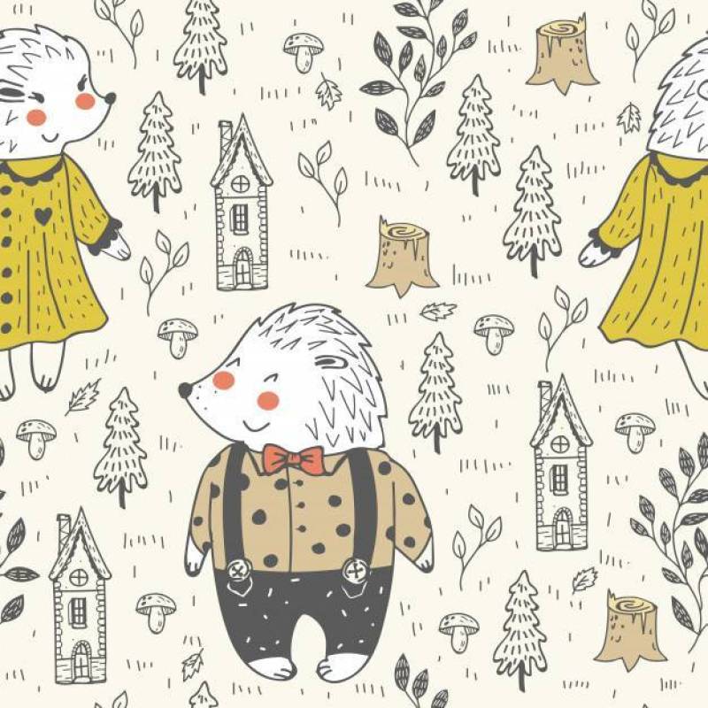 Doodle seamless pattern with Hedgehog in forest.