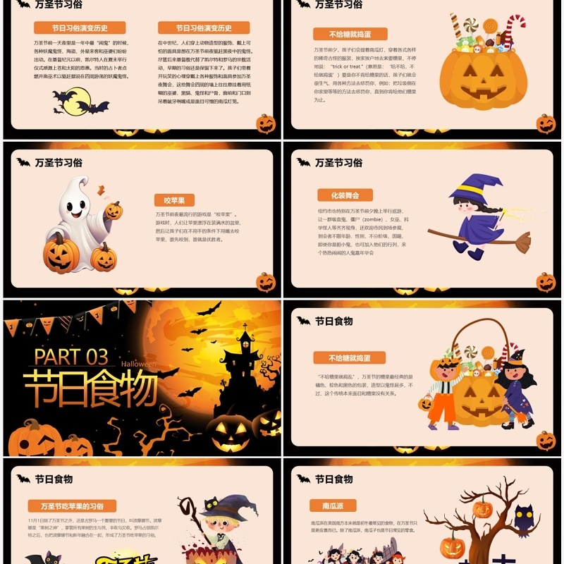 卡通风橙色南瓜头万圣节主题介绍PPT模板