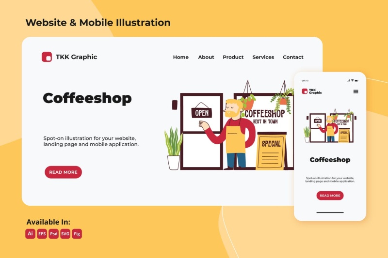 咖啡师欢迎客户的网页和手机设计插画矢量素材Barista welcoming customer web and mobile design