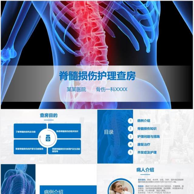 蓝色医院医疗医生脊髓损伤护理查房培训课件PPT模板